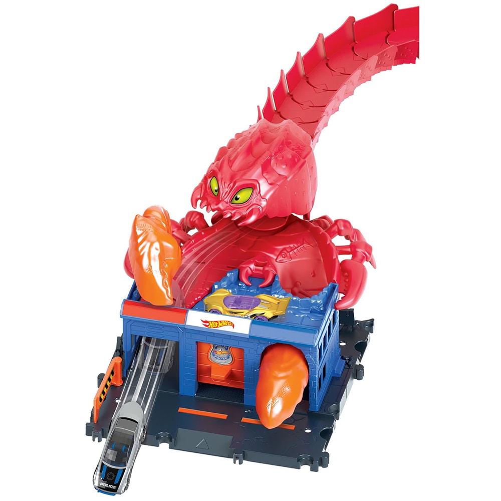 Set masinuta HOT WHEELS City - Pista Inamicilor sectia de politie HDR32, 4 ani+, albastru-rosu