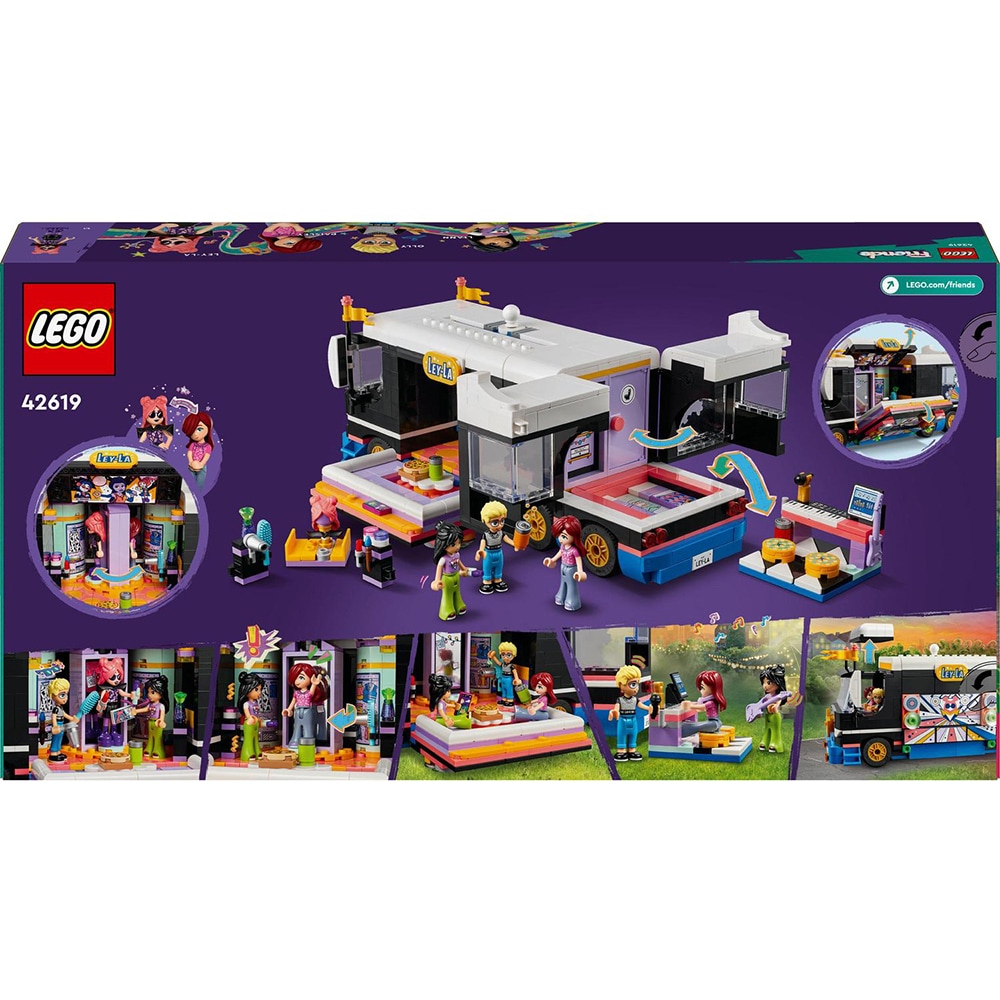 LEGO Friends: Autocar de turneu pentru staruri pop 42619, 8 ani+, 845 piese