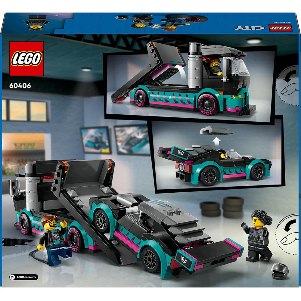 LEGO City: Masina de curse si camion transportator de masini 60406, 6 ani+, 328 piese