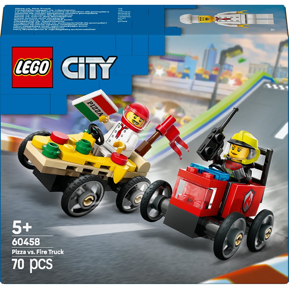 LEGO City: Pachet de curse Furgoneta de pizza vs. autospeciala de pompieri 60458, 5 ani+, 70 piese