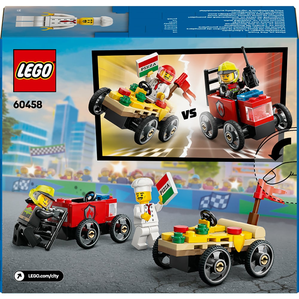 LEGO City: Pachet de curse Furgoneta de pizza vs. autospeciala de pompieri 60458, 5 ani+, 70 piese