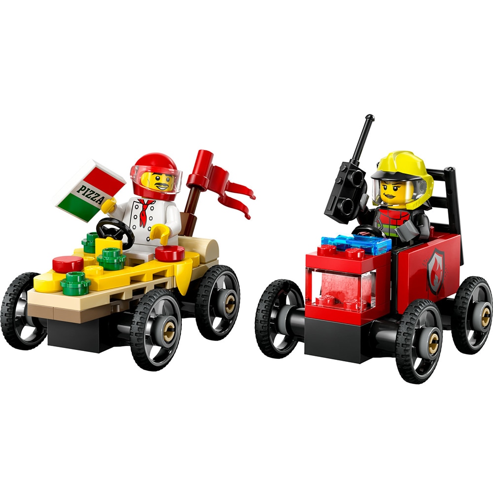 LEGO City: Pachet de curse Furgoneta de pizza vs. autospeciala de pompieri 60458, 5 ani+, 70 piese