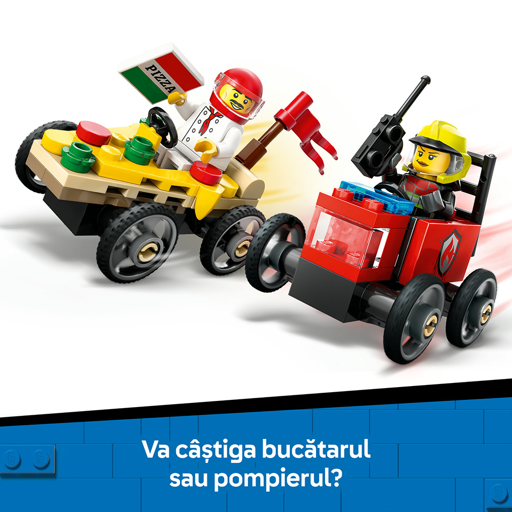 LEGO City: Pachet de curse Furgoneta de pizza vs. autospeciala de pompieri 60458, 5 ani+, 70 piese