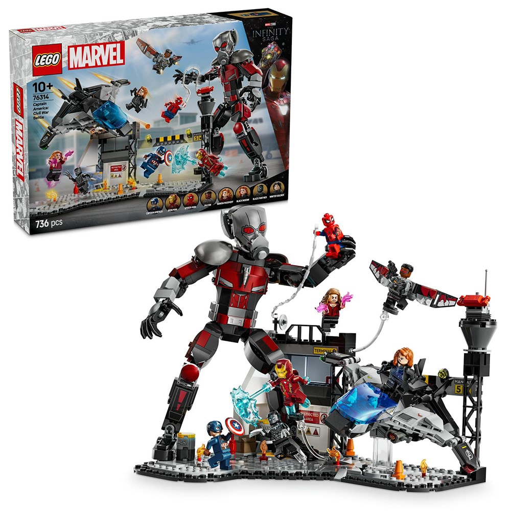 LEGO Marvel: Batalia plina de actiune din Capitanul America - Razboi civil 76314, 10 ani+, 736 piese