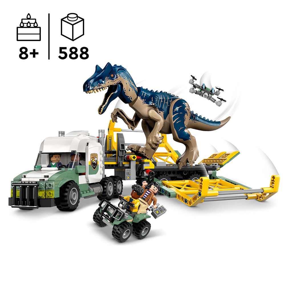 LEGO Jurassic World: Misiunea Dinozaur - Camion de transport pentru un Allosaurus 76966, 8 ani+, 588 piese