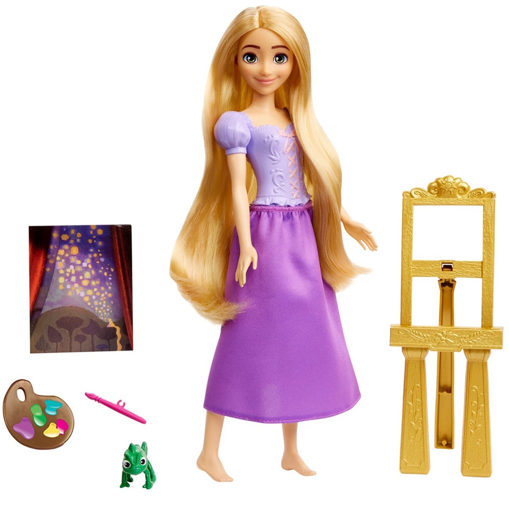 Papusa DISNEY PRINCESS Rapunzel pictorita MTHND68, 3 ani+, mov-roz