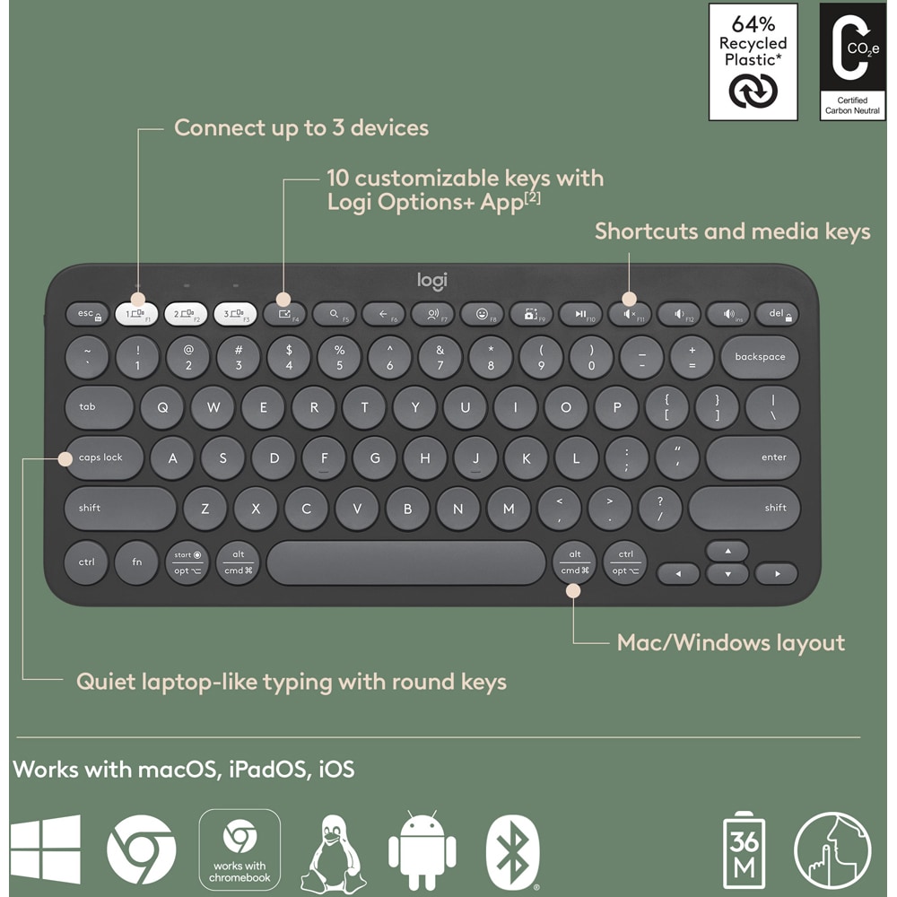 Tastatura Wireless LOGITECH Pebble Keys 2 K380s Multi-Device, Bluetooth, Layout US INT, negru