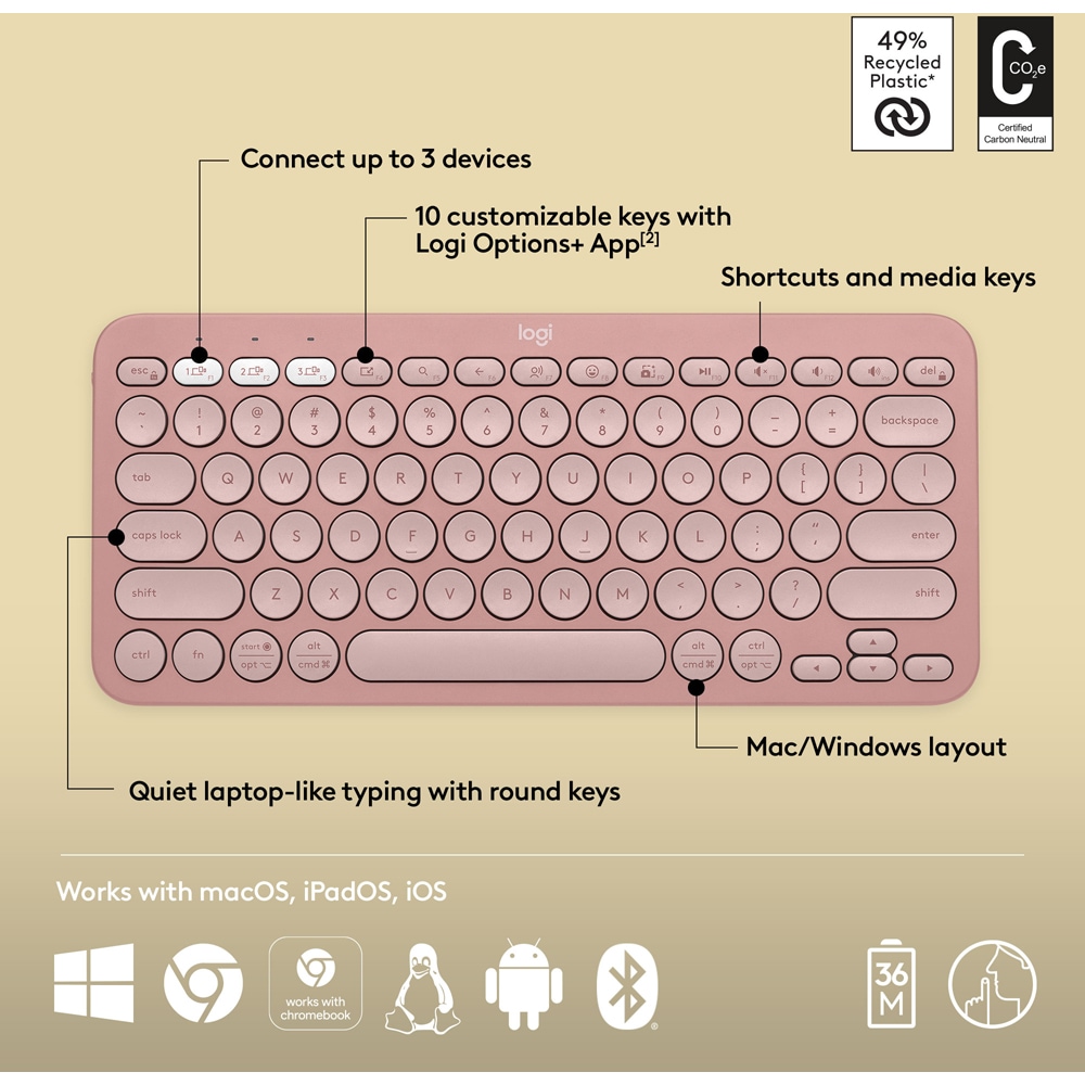 Tastatura Wireless LOGITECH Pebble Keys 2 K380s Multi-Device, Bluetooth, Layout US INT, roz