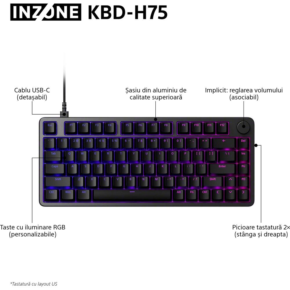 Tastatura Gaming Mecanica SONY INZONE K8D-H75 TKL, USB, Layout US, negru
