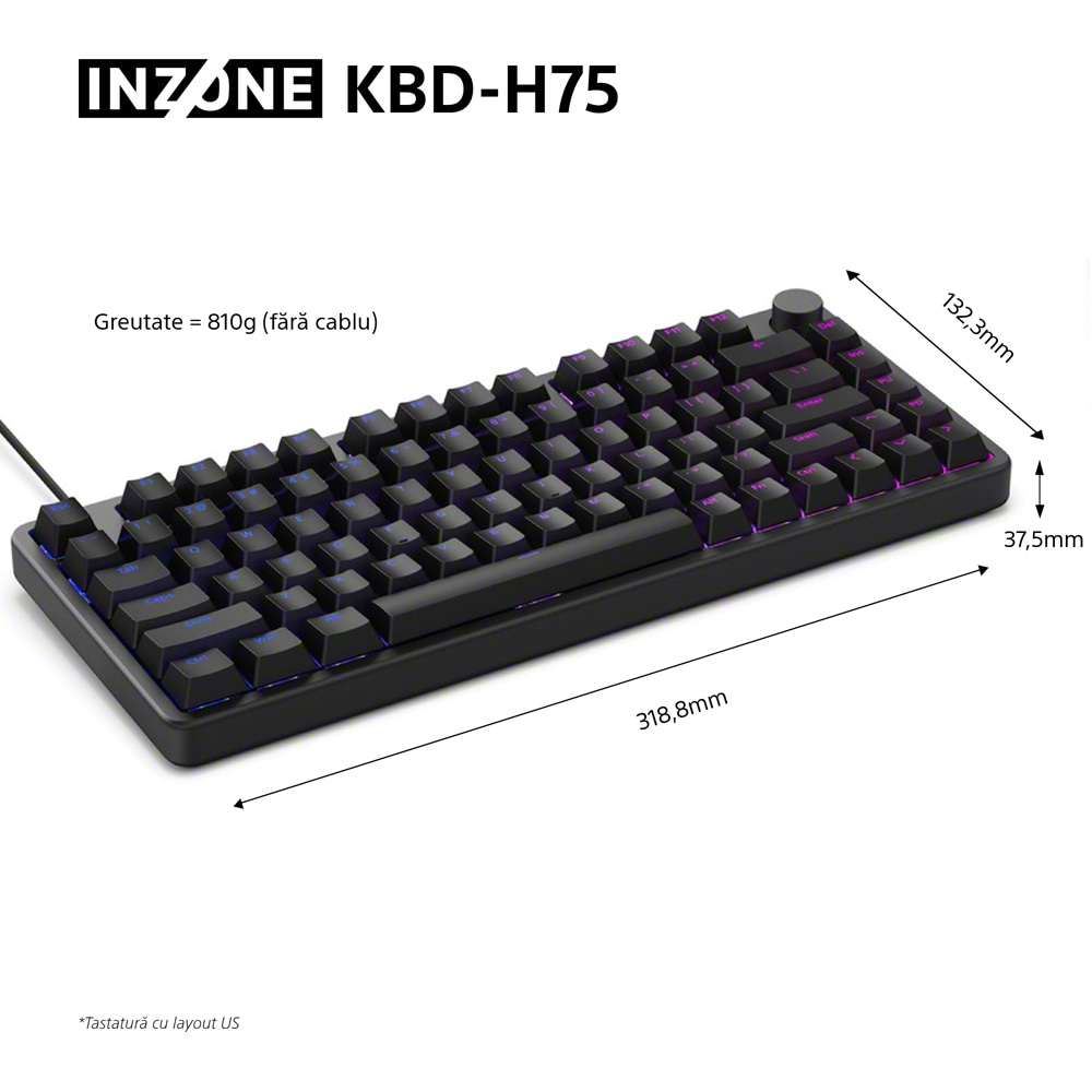 Tastatura Gaming Mecanica SONY INZONE K8D-H75 TKL, USB, Layout US, negru