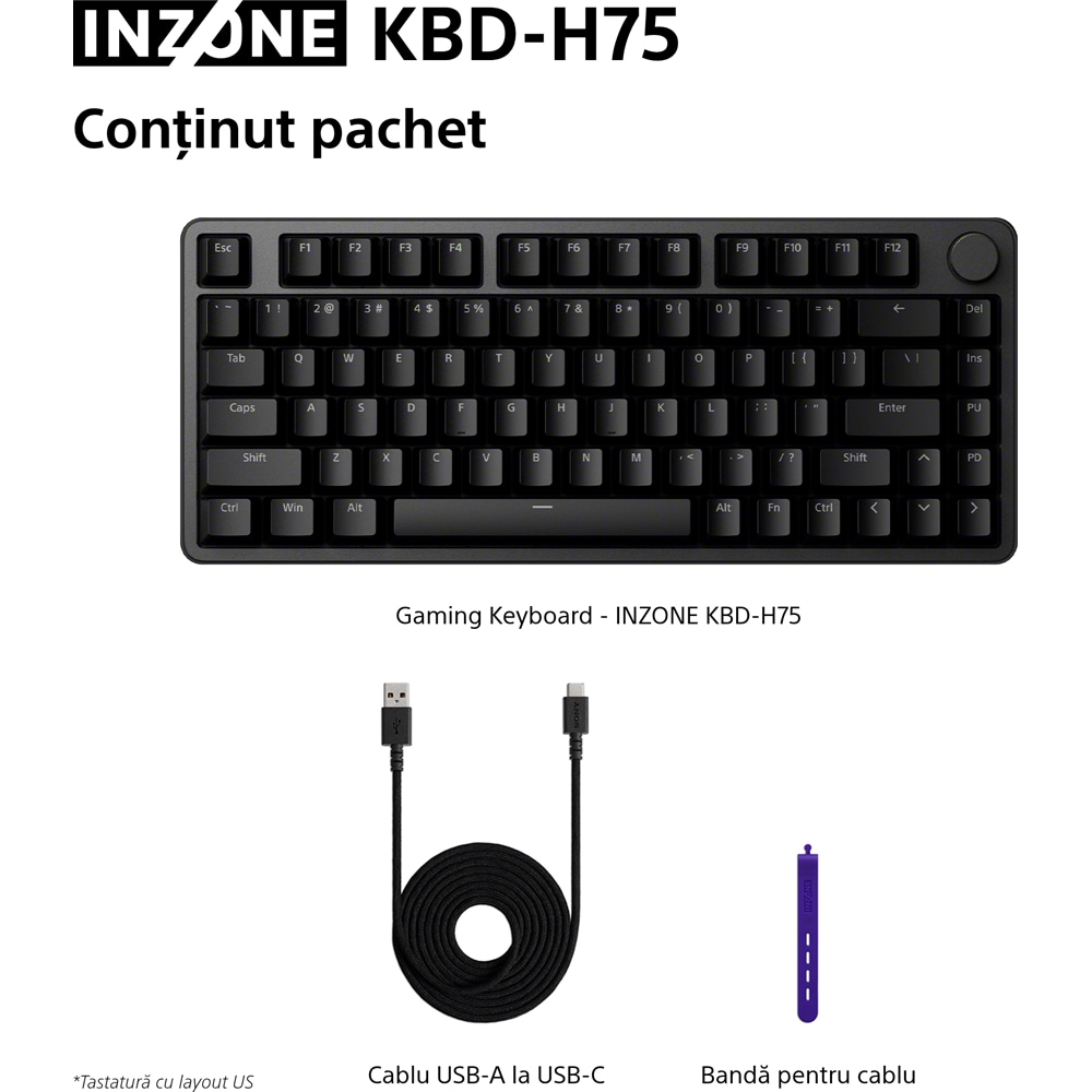 Tastatura Gaming Mecanica SONY INZONE K8D-H75 TKL, USB, Layout US, negru