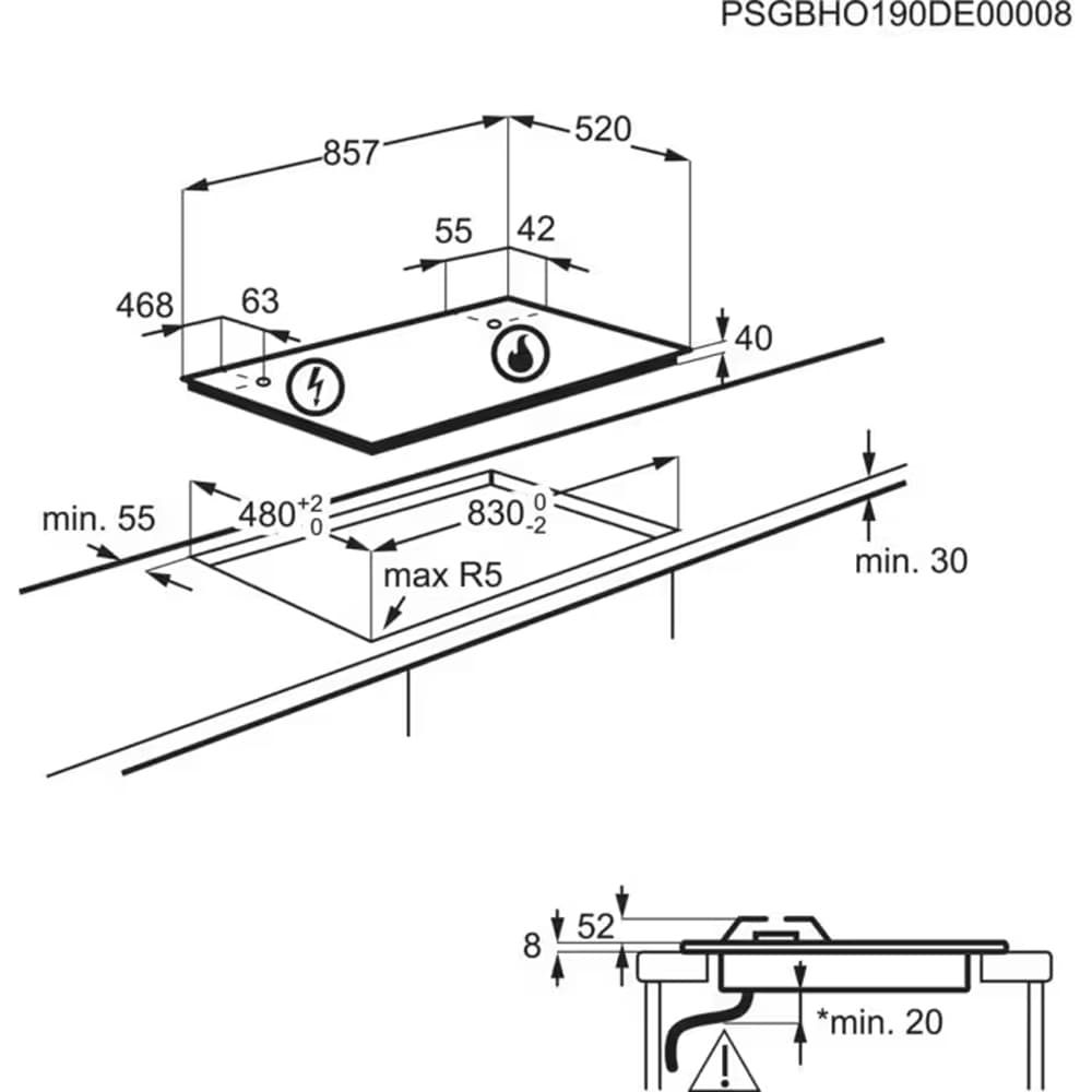 Plita incorporabila ELECTROLUX KGS9536RN, Gaz, 5 arzatoare, Wok, negru
