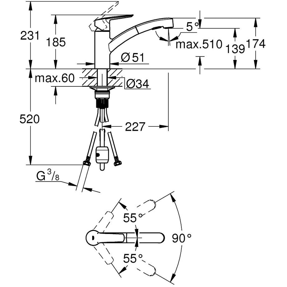 Baterie bucatarie GROHE Start 30307DC1, pipa joasa, dus extractibil, alama, crom