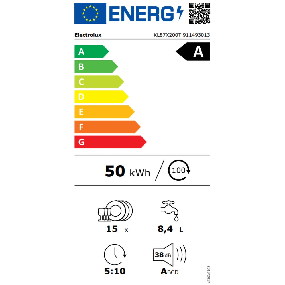 Masina de spalat vase incorporabila ELECTROLUX KL87X200T, 15 seturi, 8 programe, 60 cm, Clasa A, panou comanda negru