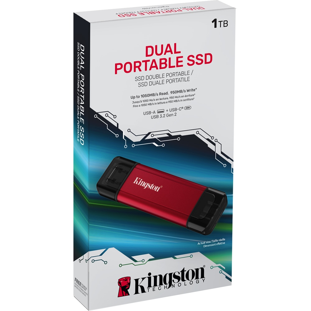 SSD extern KINGSTON Dual, 1TB, USB 3.2 Gen 2 Type-A/Type-C, negru-rosu