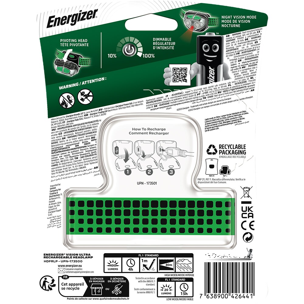 Lanterna LED frontala ENERGIZER 4347, 400lm, acumulator, negru