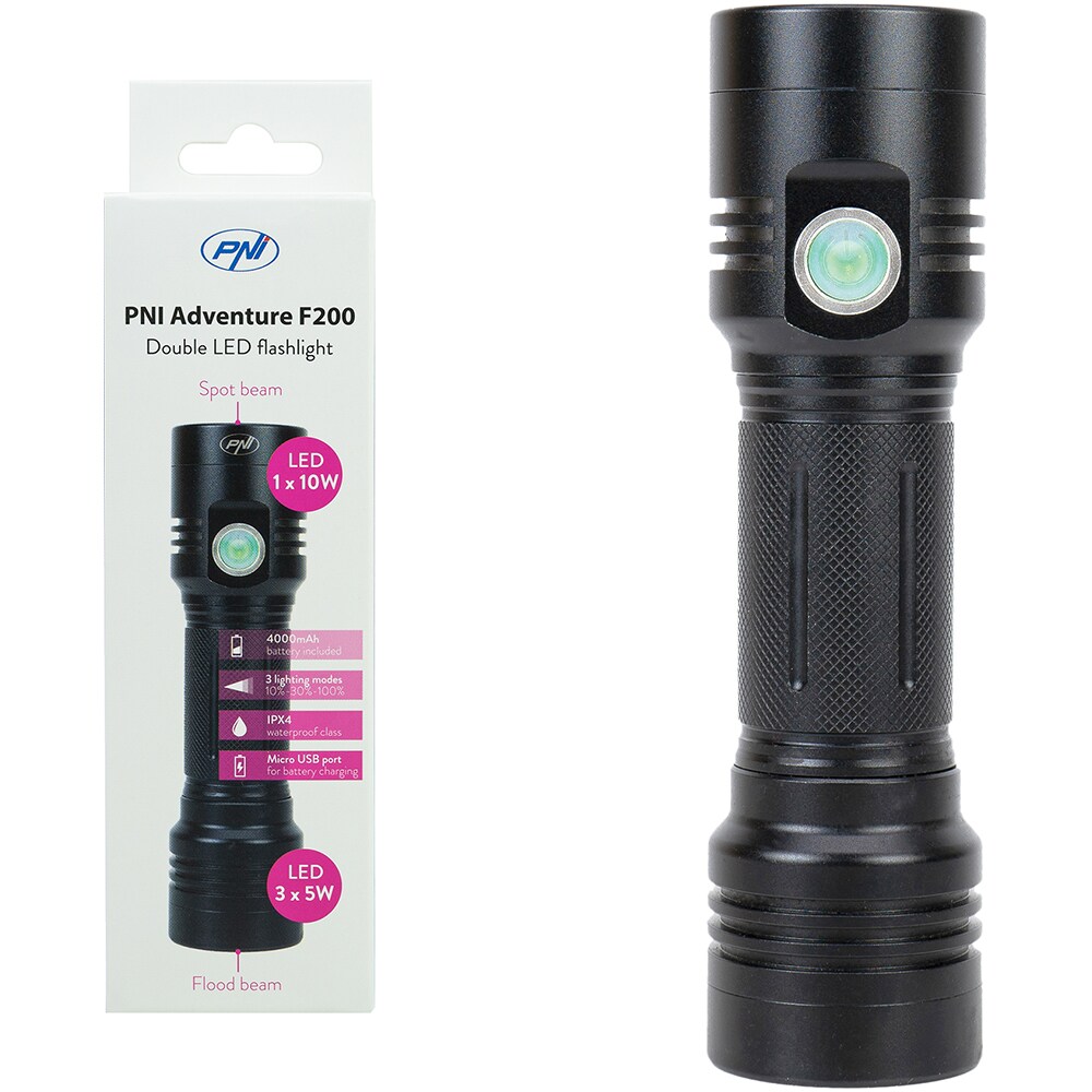 Lanterna LED PNI Adventure F200, 4000mAh, IPX4, micro USB, negru