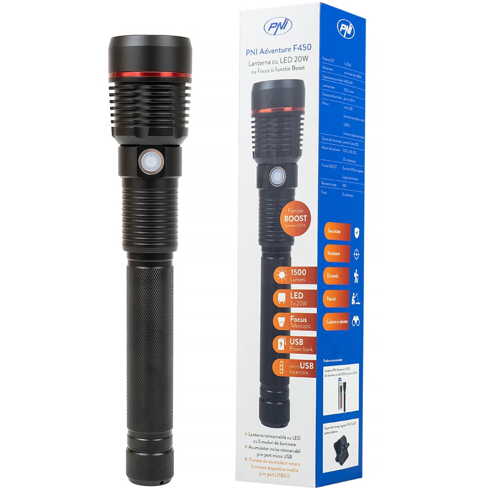 Lanterna LED PNI Adventure F450, 20W, 1500lm, Acumulator 4400mAh, micro USB, negru