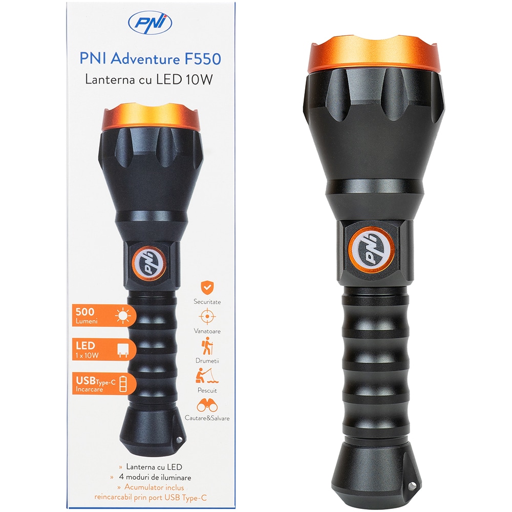 Lanterna LED PNI Adventure F550 Crystal Led, 10W, 500lm, USB Type-C, negru