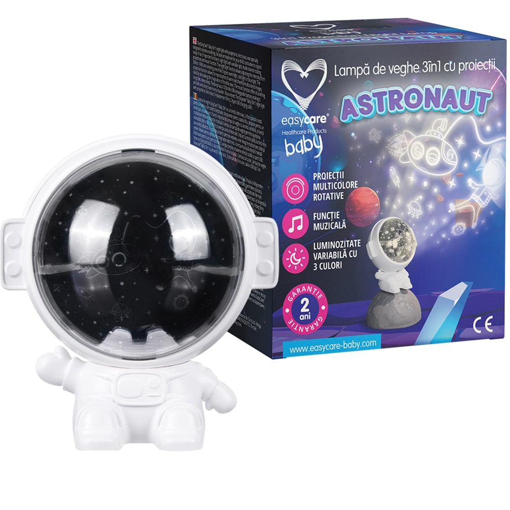 Lampa de veghe 3in1 EASYCARE Astronaut cu proiectii EASY00229, alb-negru