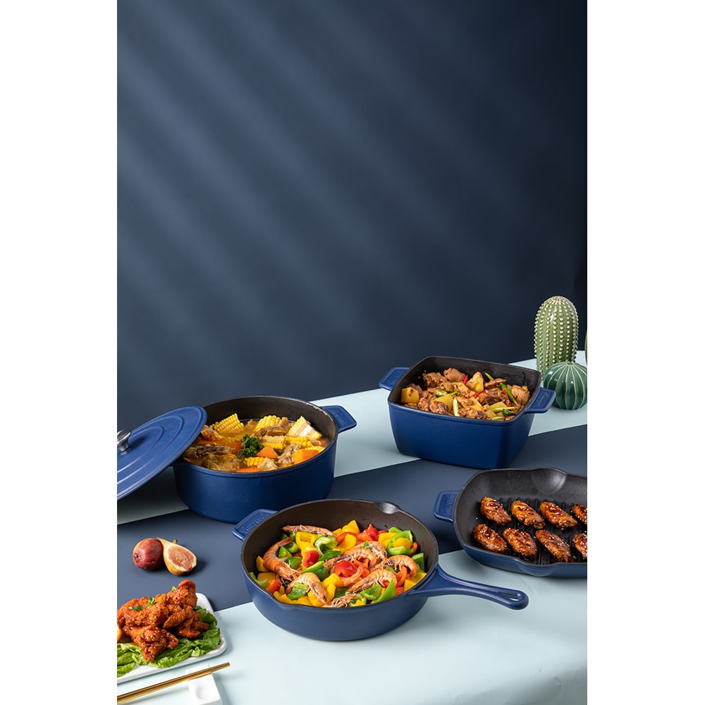 Tigaie grill AMERCOOK Le Pluriel AC0112808.27PE, 27.5cm, fonta, albastru