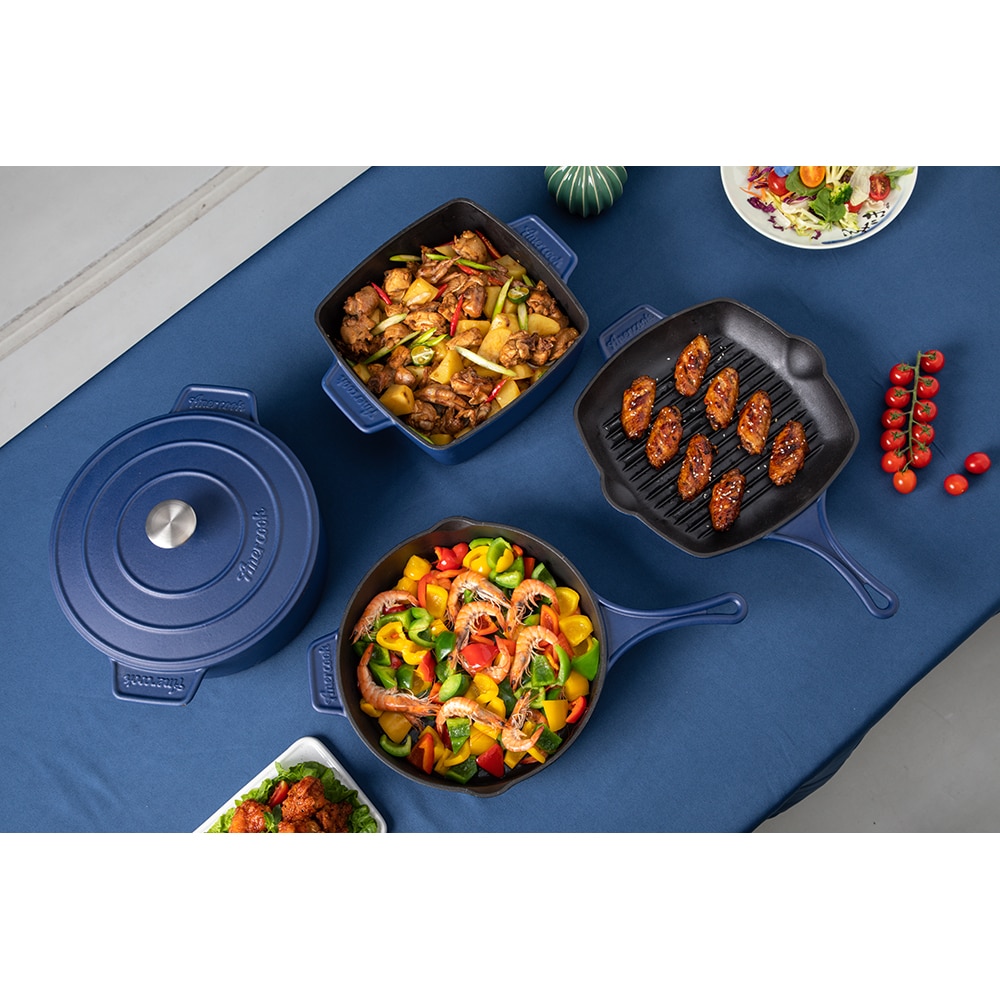 Tigaie grill AMERCOOK Le Pluriel AC0112808.27PE, 27.5cm, fonta, albastru