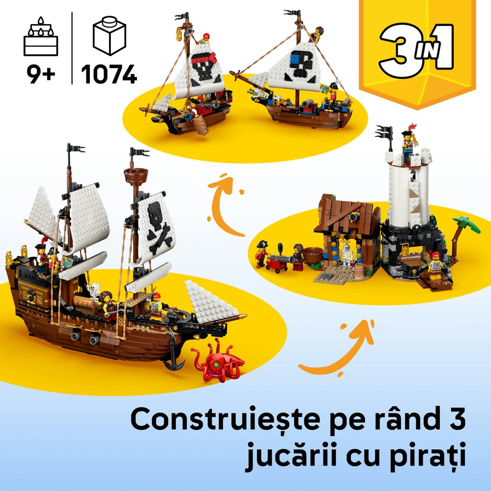 LEGO Creator: Corabie de pirati emblematica 31387, 10 ani+, 1074 piese