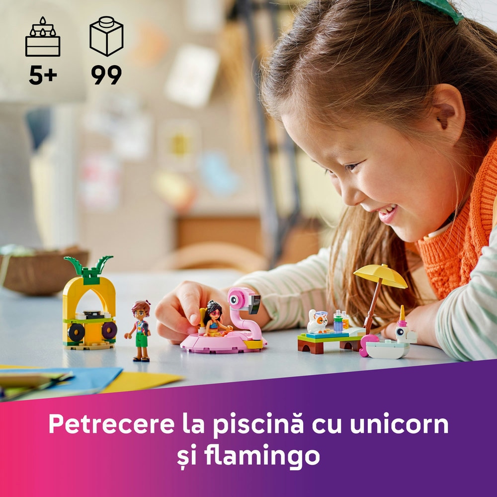 LEGO Friends: Petrecere la piscina cu unicornul si flamingo 42658, 5 ani+, 99 piese