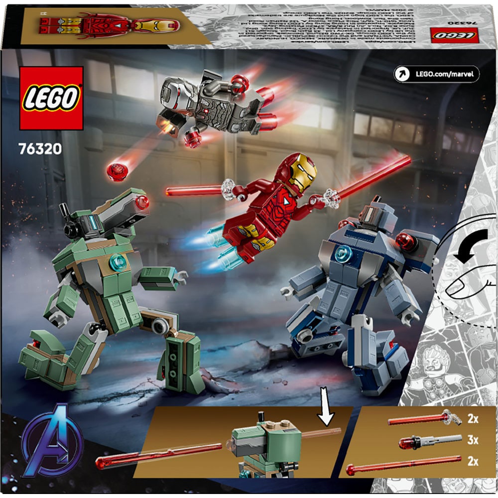 LEGO Marvel: Iron Man si War Machine vs dronele Hammer 76320, 7 ani+, 204 piese