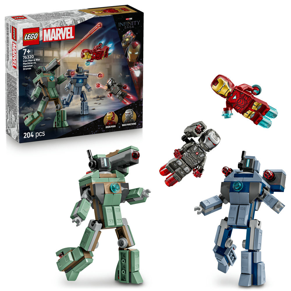 LEGO Marvel: Iron Man si War Machine vs dronele Hammer 76320, 7 ani+, 204 piese