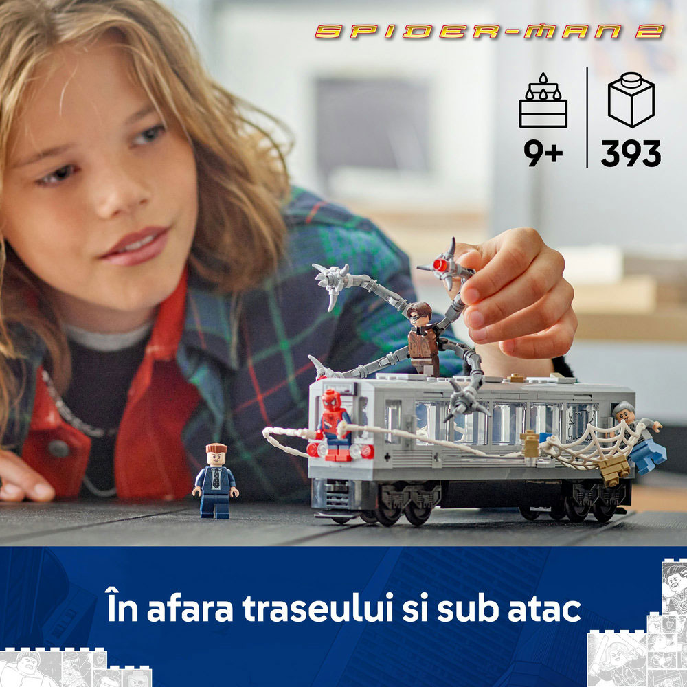 LEGO Marvel: Lupta de pe acoperisul trenului dintre Omul-Paianjen si Doc Ock 76321, 9 ani+, 393 piese