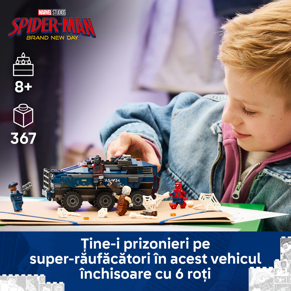 LEGO Marvel: Urmarire cu Omul Paianjen si masina inchisorii 76349, 8 ani+, 367 piese
