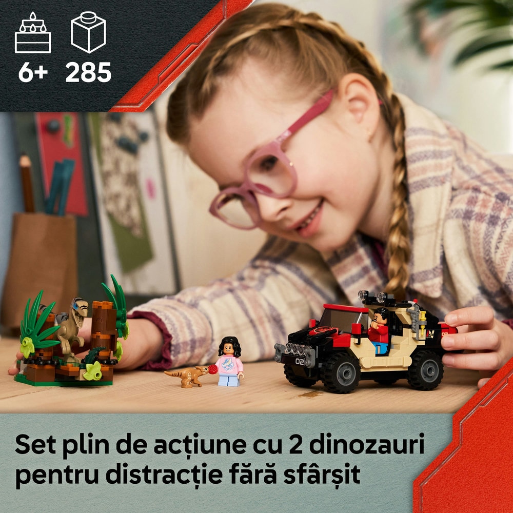 LEGO Jurassic World: Evadare off-road din calea unui Velociraptor 76972, 6 ani+, 285 piese