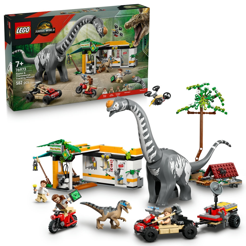 LEGO Jurassic World: Misiune de urmarire a unui Velociraptor si a unui Titanosaurus 76973, 7 ani+, 582 piese