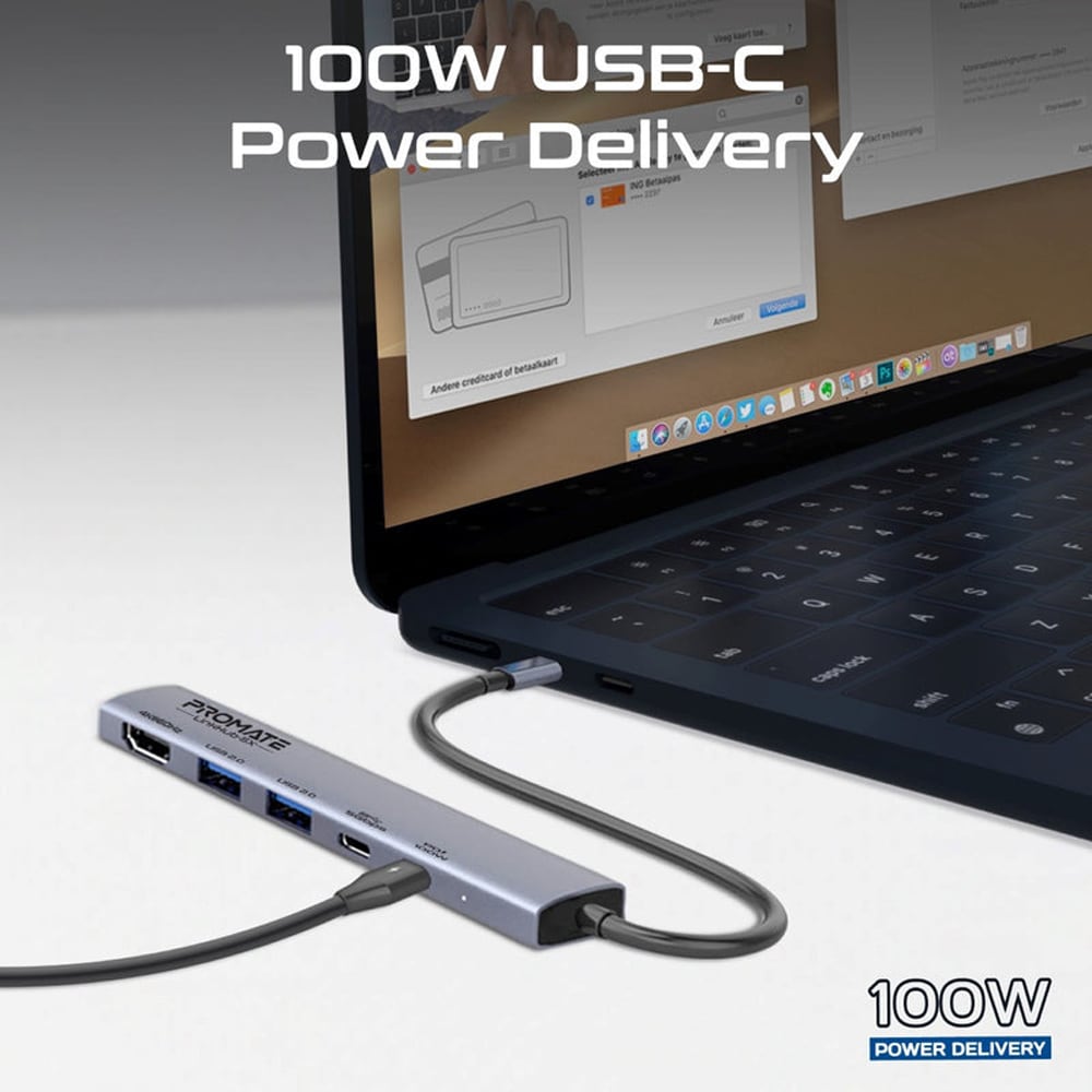 Hub USB Type-C PROMATE LinkHub-5X, USB-A, USB-C, HDMI, gri