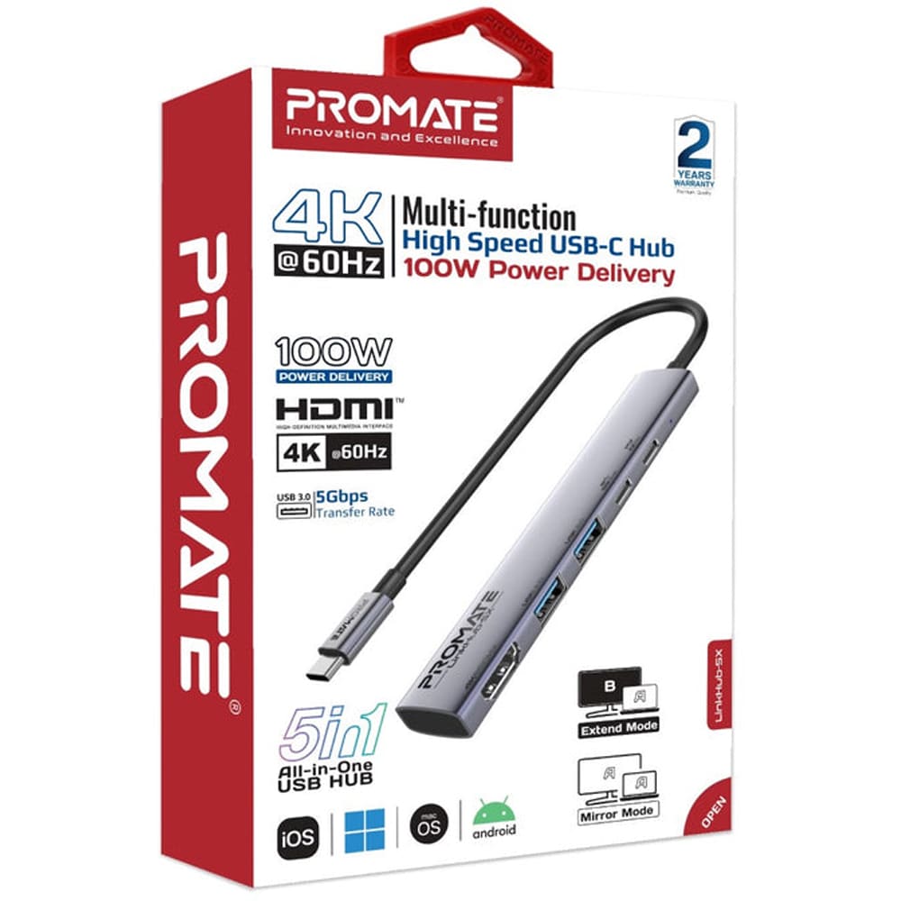 Hub USB Type-C PROMATE LinkHub-5X, USB-A, USB-C, HDMI, gri