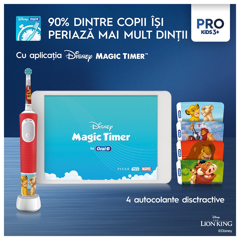 Periuta de dinti electrica copii ORAL-B Pro Kids Lion King, 7600 miscari/min, 2 programe, 1 capat, rosu