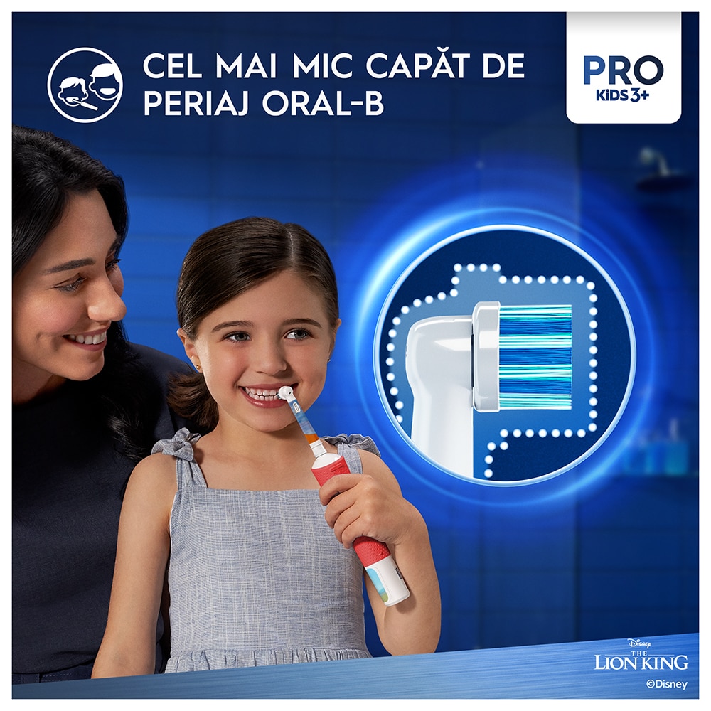 Periuta de dinti electrica copii ORAL-B Pro Kids Lion King, 7600 miscari/min, 2 programe, 1 capat, rosu