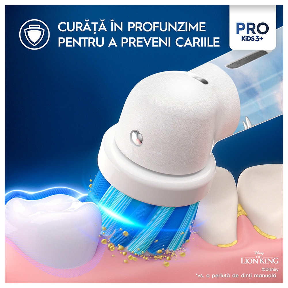 Periuta de dinti electrica copii ORAL-B Pro Kids Lion King, 7600 miscari/min, 2 programe, 1 capat, rosu