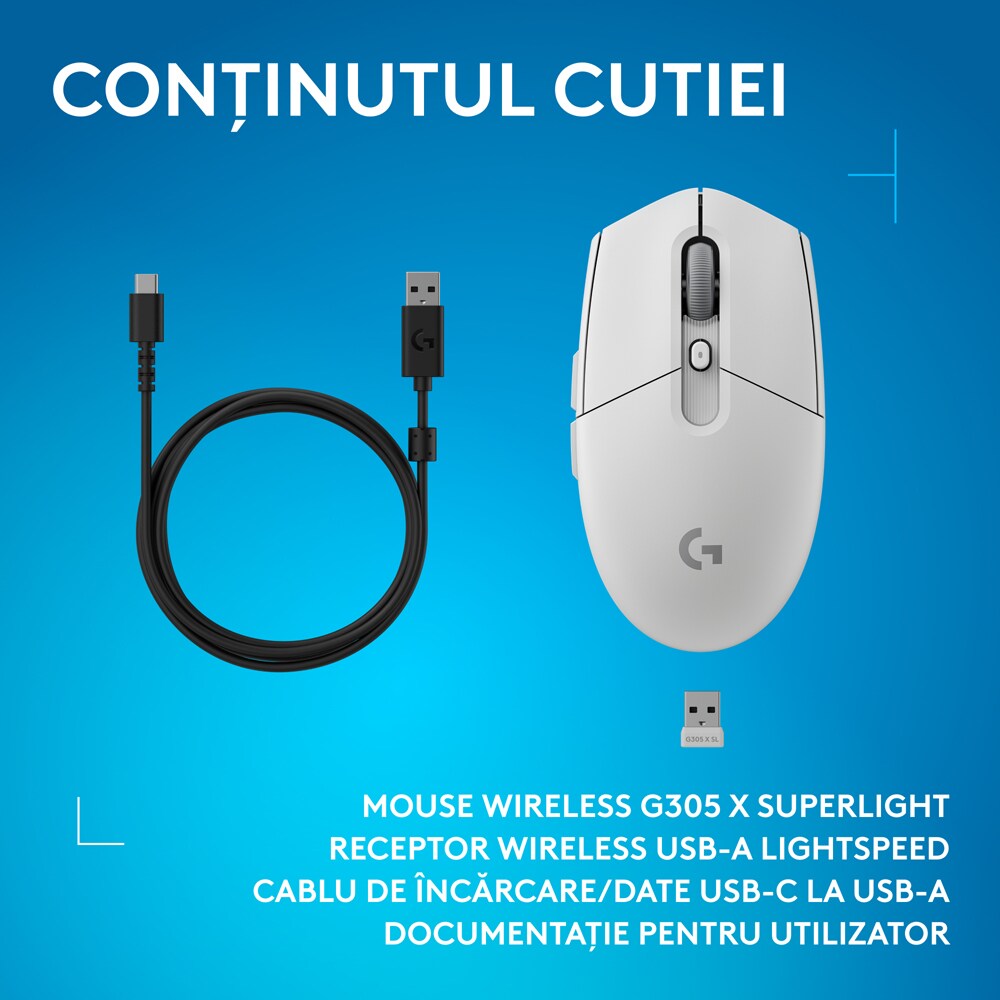 Mouse Gaming Wireless LOGITECH G305 X Superlight, 44000 dpi, alb