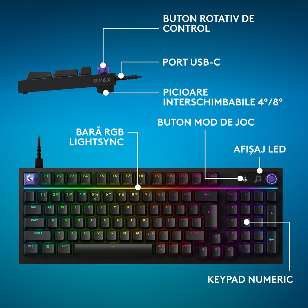 Tastatura Gaming LOGITECH G316 X, USB, Layout US, negru