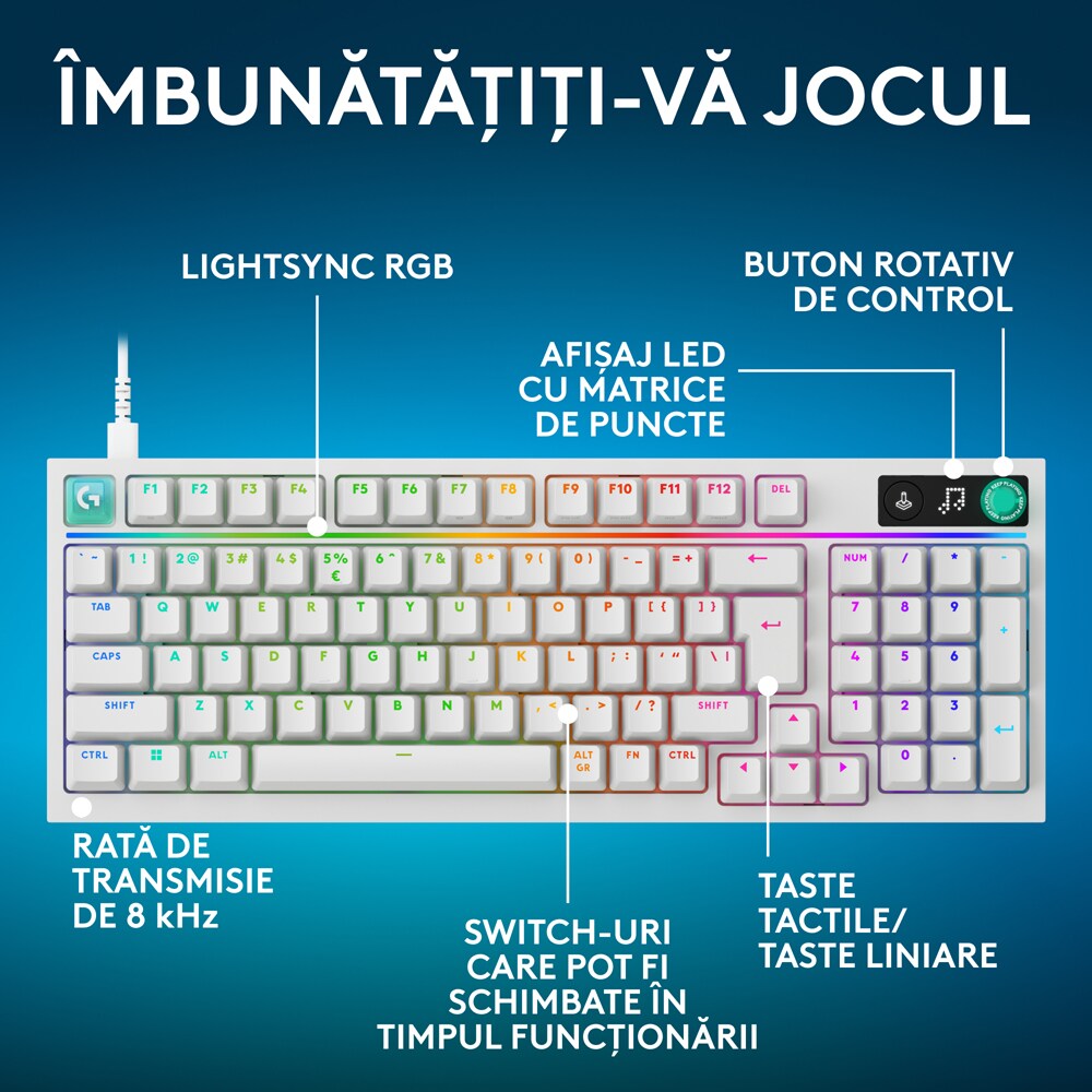 Tastatura Gaming LOGITECH G316 X, USB, Layout US, alb