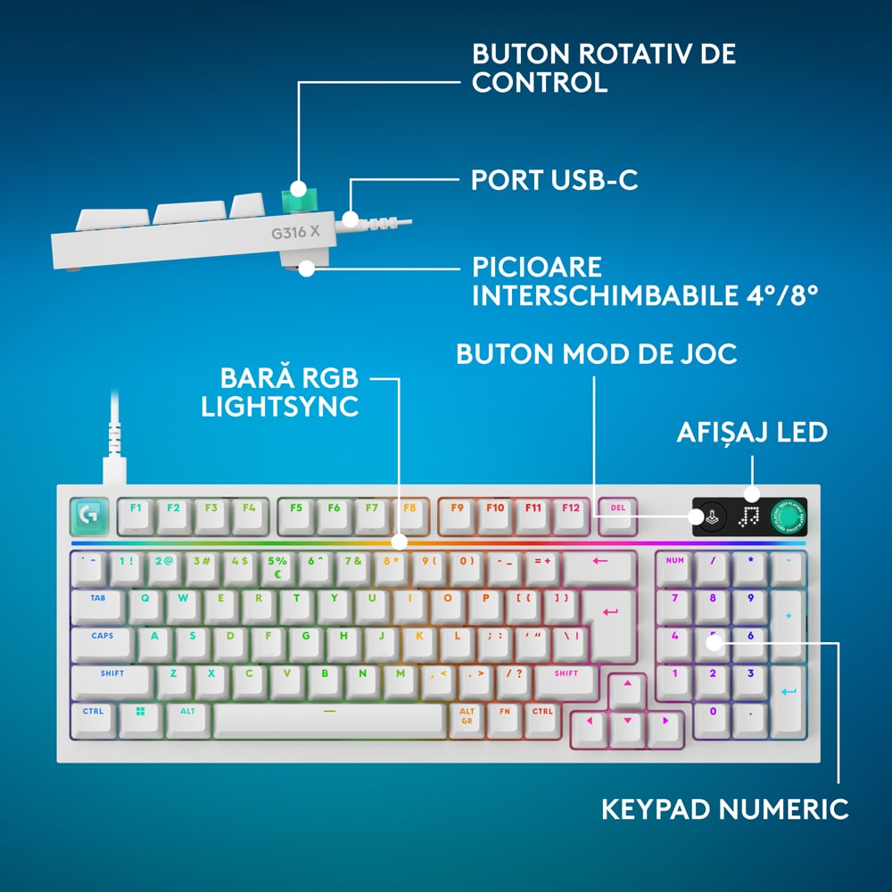 Tastatura Gaming LOGITECH G316 X, USB, Layout US, alb