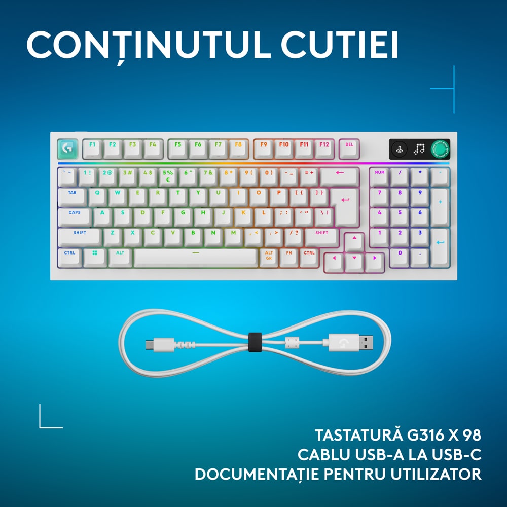 Tastatura Gaming LOGITECH G316 X, USB, Layout US, alb