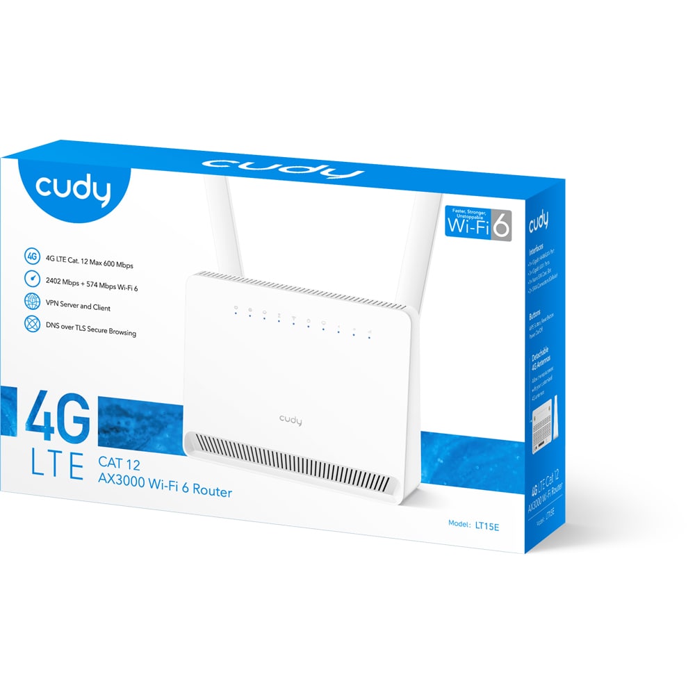 Router Wireless Gigabit CUDY LT15E AX3000, Wi-Fi 6, 4G, Dual-Band 574 + 2402 Mbps, alb