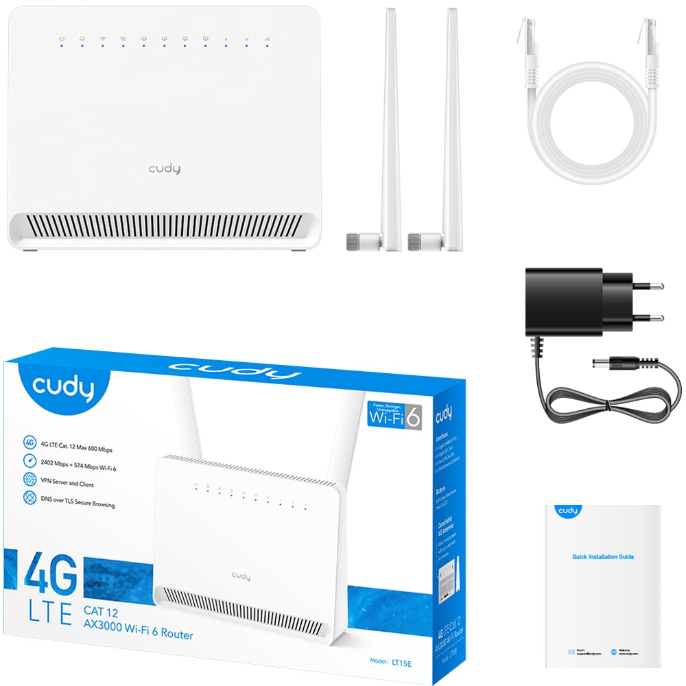 Router Wireless Gigabit CUDY LT15E AX3000, Wi-Fi 6, 4G, Dual-Band 574 + 2402 Mbps, alb