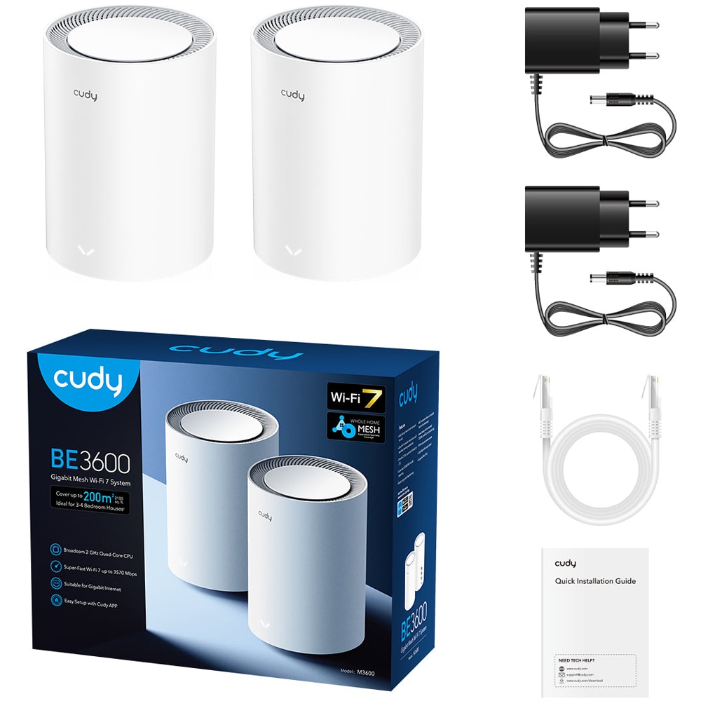 Sistem Wireless Mesh Gigabit CUDY M3600 BE3600, Wi-Fi 7, Dual-Band 688 + 2882 Mbps, 2 buc, alb