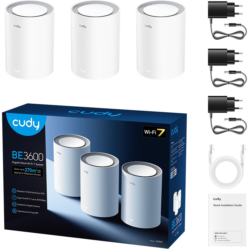 Sistem Wireless Mesh Gigabit CUDY M3600 BE3600, Wi-Fi 7, Dual-Band 688 + 2882 Mbps, 3 buc, alb