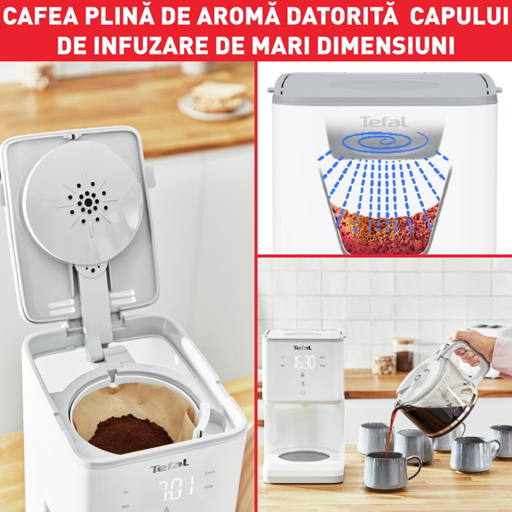 Cafetiera TEFAL Sense CM693110, 1.25l, 1000W, 15 cesti, ecran digital, alb-gri