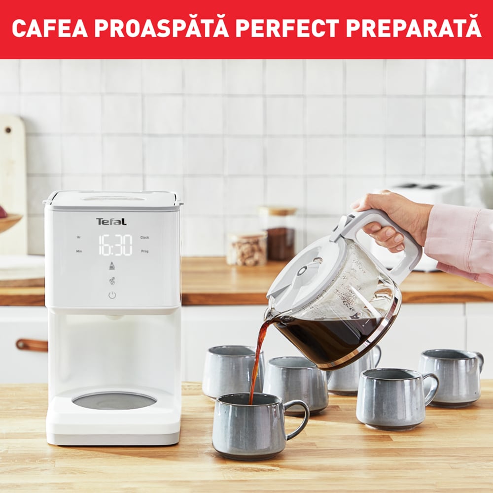Cafetiera TEFAL Sense CM693110, 1.25l, 1000W, 15 cesti, ecran digital, alb-gri
